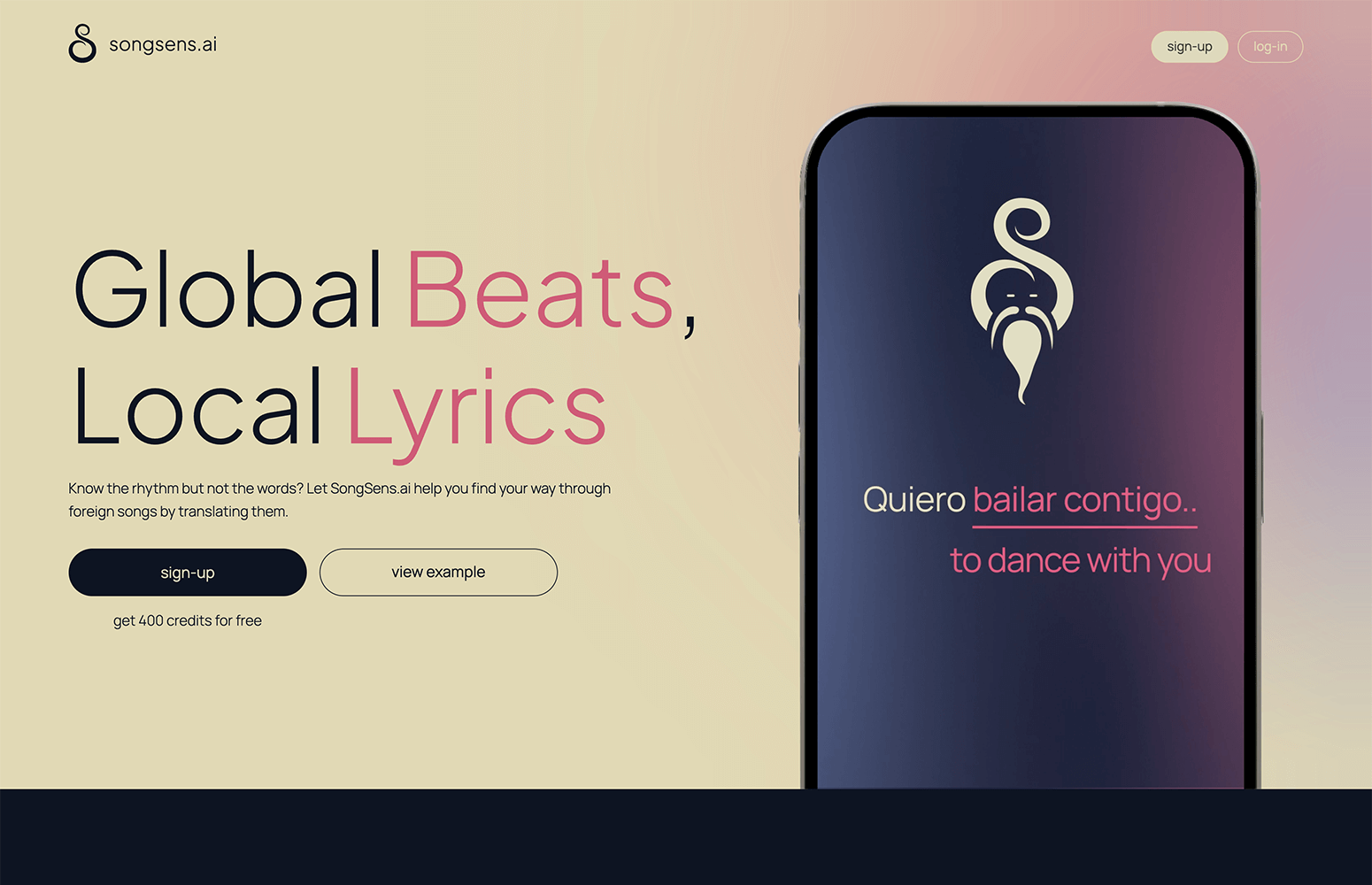 SongSens.ai landing page, v1